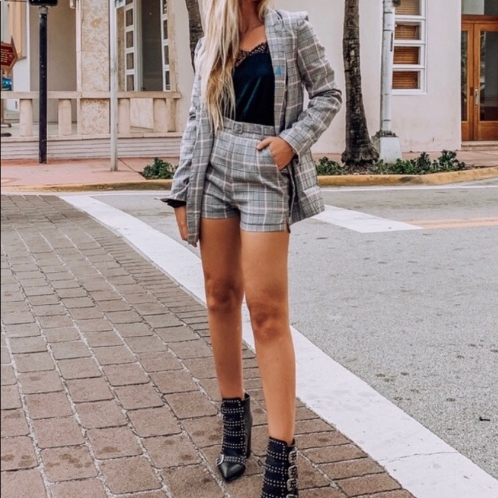 Pink & Grey Plaid Blazer Set